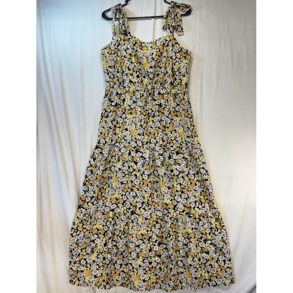 Social Standard Yellow Daisy Floral Midi Sun Dress Adjustable Shoulder Ties XL